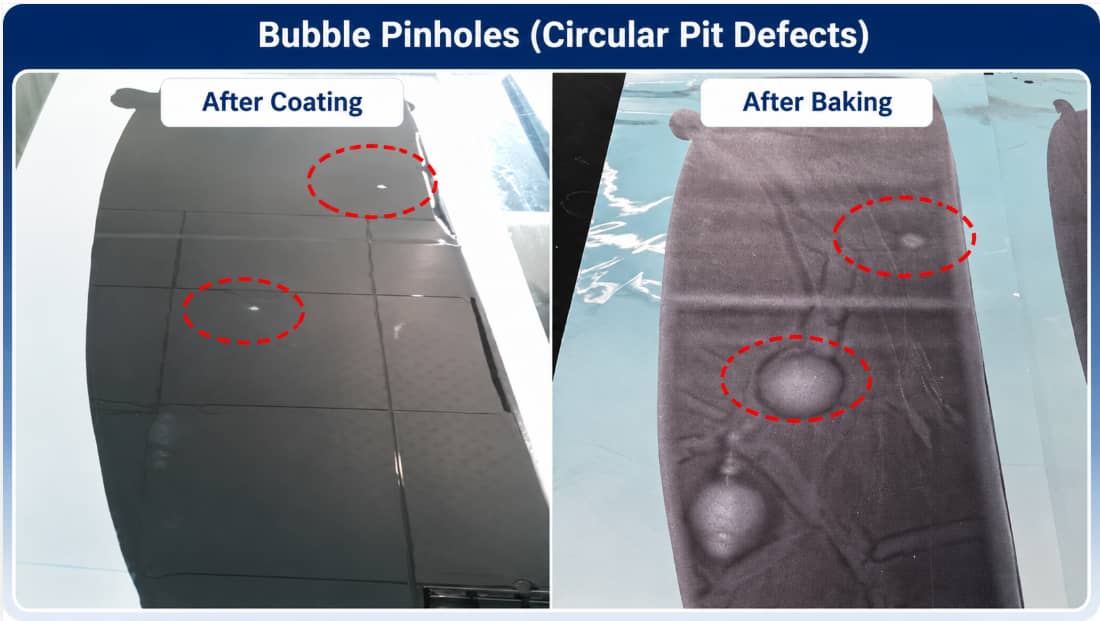 Comparison of bubble pinhole defects on lithium-ion battery electrodes after coating and after baking, showing surface pits caused by trapped air bubbles during the electrode coating process.