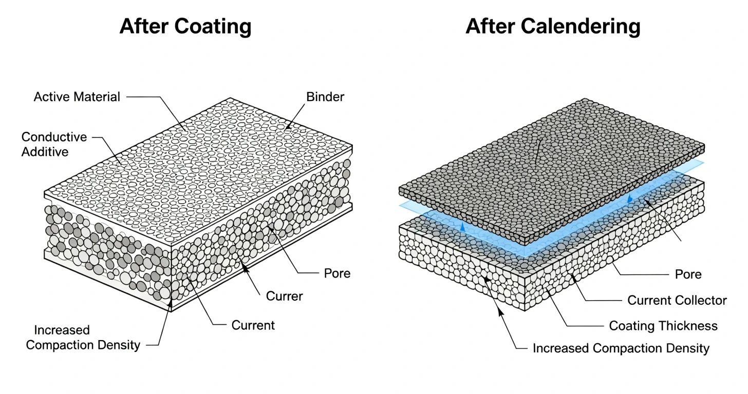Comparison of lithium-ion battery electrode structure after coating versus after calendering, showing reduced coating thickness, lower pore volume, tighter particle packing and improved compaction density.