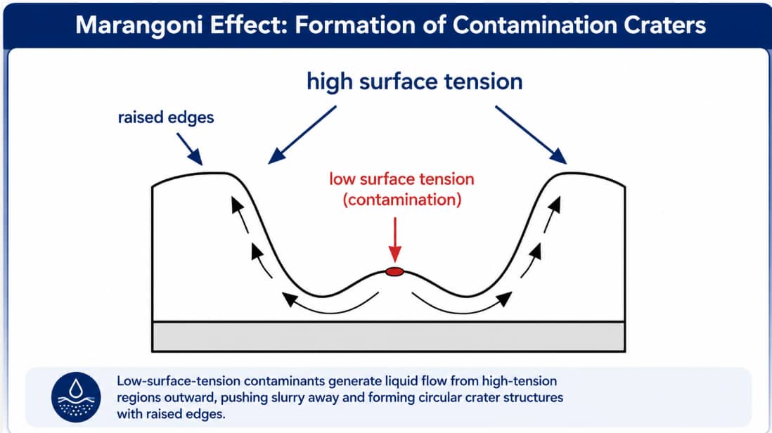 Diagram of Marangoni-effect contamination crater formation in lithium battery electrode coating, showing slurry flow from high-surface-tension regions away from a low-surface-tension contaminant and creating raised crater edges.