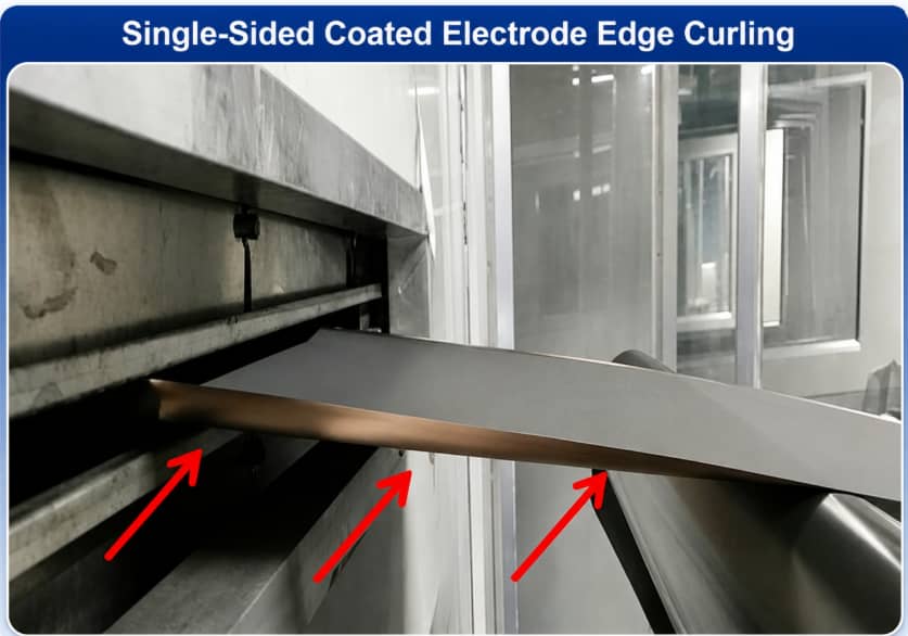 Single-sided coated lithium-ion battery electrode showing edge curling after drying, caused by coating shrinkage, uneven solvent evaporation, and drying stress during electrode manufacturing.