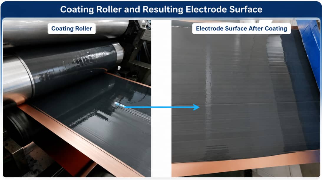 Roll-to-roll lithium-ion battery electrode coating process showing coating roller operation and resulting electrode surface after slurry coating.