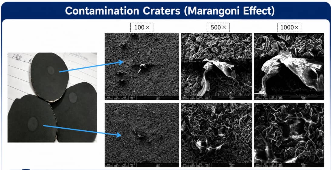 SEM analysis of contamination craters on lithium-ion battery electrode coatings at 100×, 500×, and 1000× magnification, showing foreign particles and raised crater edges caused by the Marangoni effect.