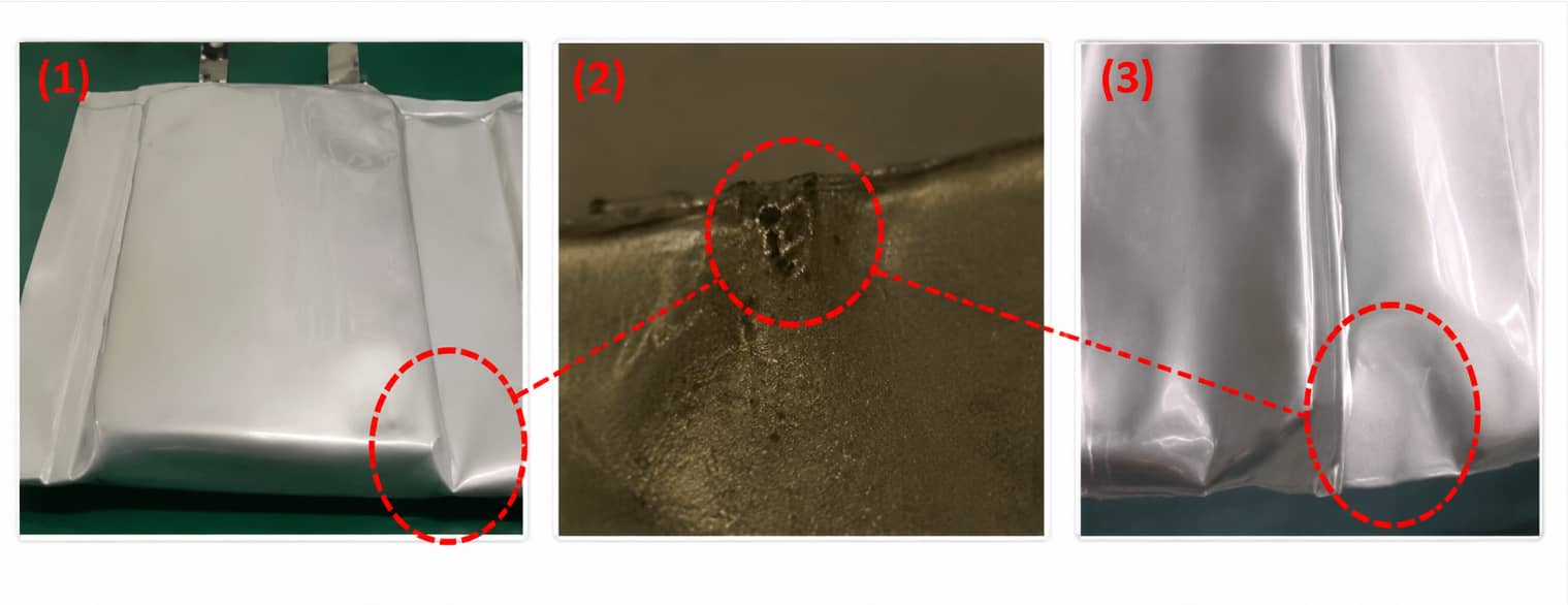 Lithium-ion pouch cell swelling after formation caused by gas generation, incomplete vacuum degassing, electrolyte decomposition, or sealing defects, showing typical pouch bulging after aging.