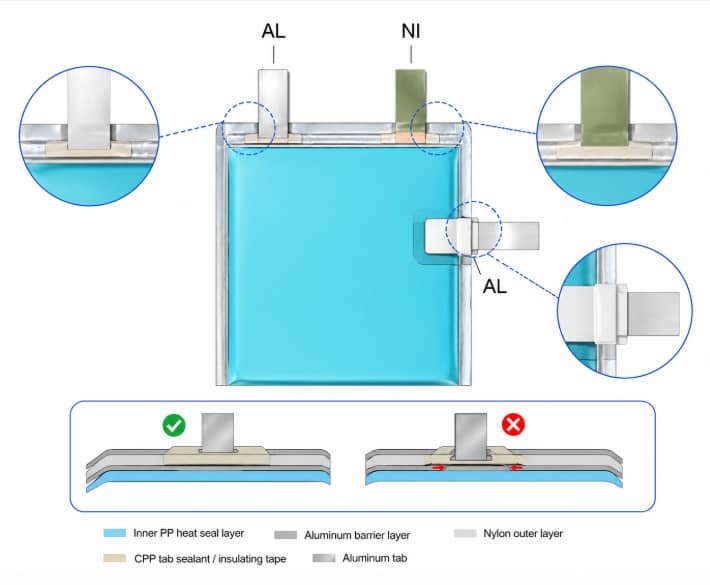 Cross-sectional schematic of lithium-ion pouch cell tab sealing structure, showing CPP tab sealant insulation between aluminum tabs and aluminum laminate film to prevent electrolyte leakage and tab corrosion.