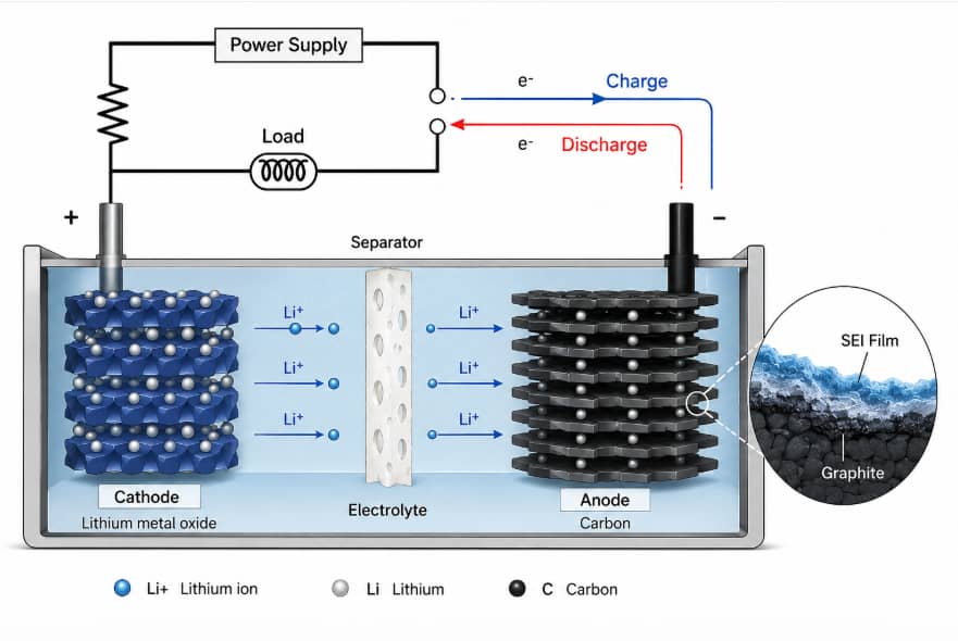 Diagram illustrating lithium-ion battery formation, showing lithium-ion migration and SEI film formation on the graphite anode during the first charge.