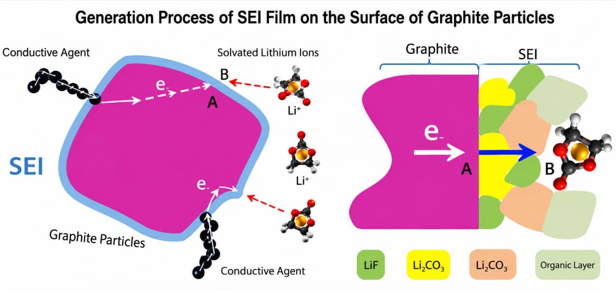 Illustration of the SEI film formation mechanism in lithium-ion batteries, showing electron transport, solvated lithium ions, and SEI growth on graphite particles during the first charge.