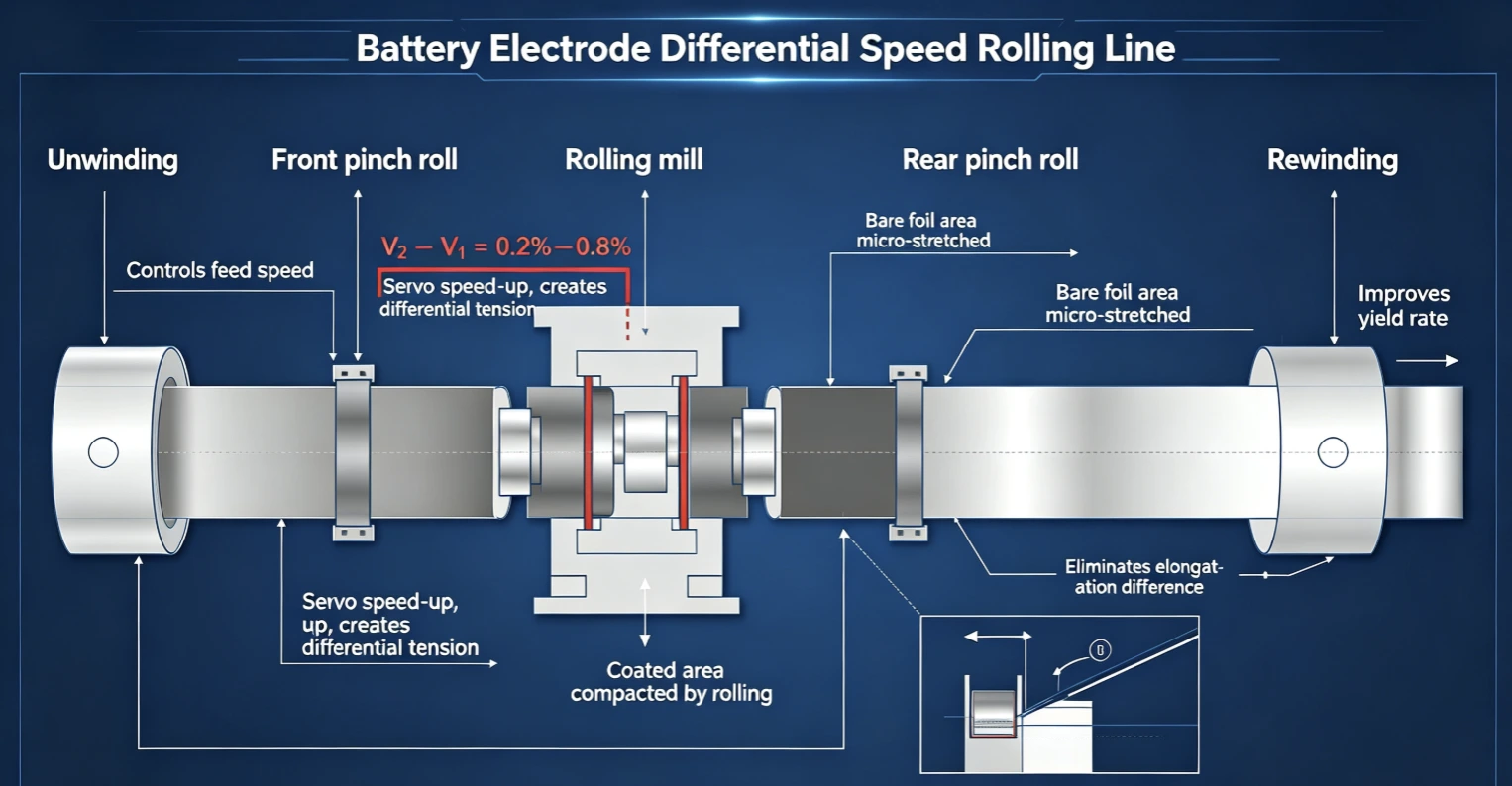 Pinch differential speed tension calendering system layout diagram