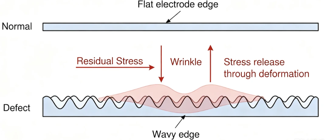 Wavy edge wrinkle defect formation from electrode residual stress