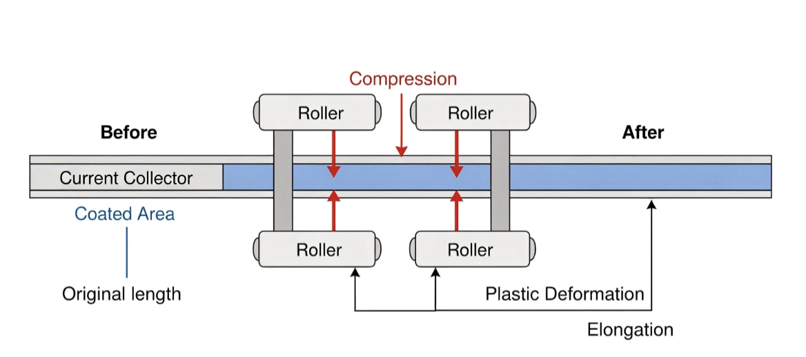 Electrode calendering plastic deformation elongation schematic