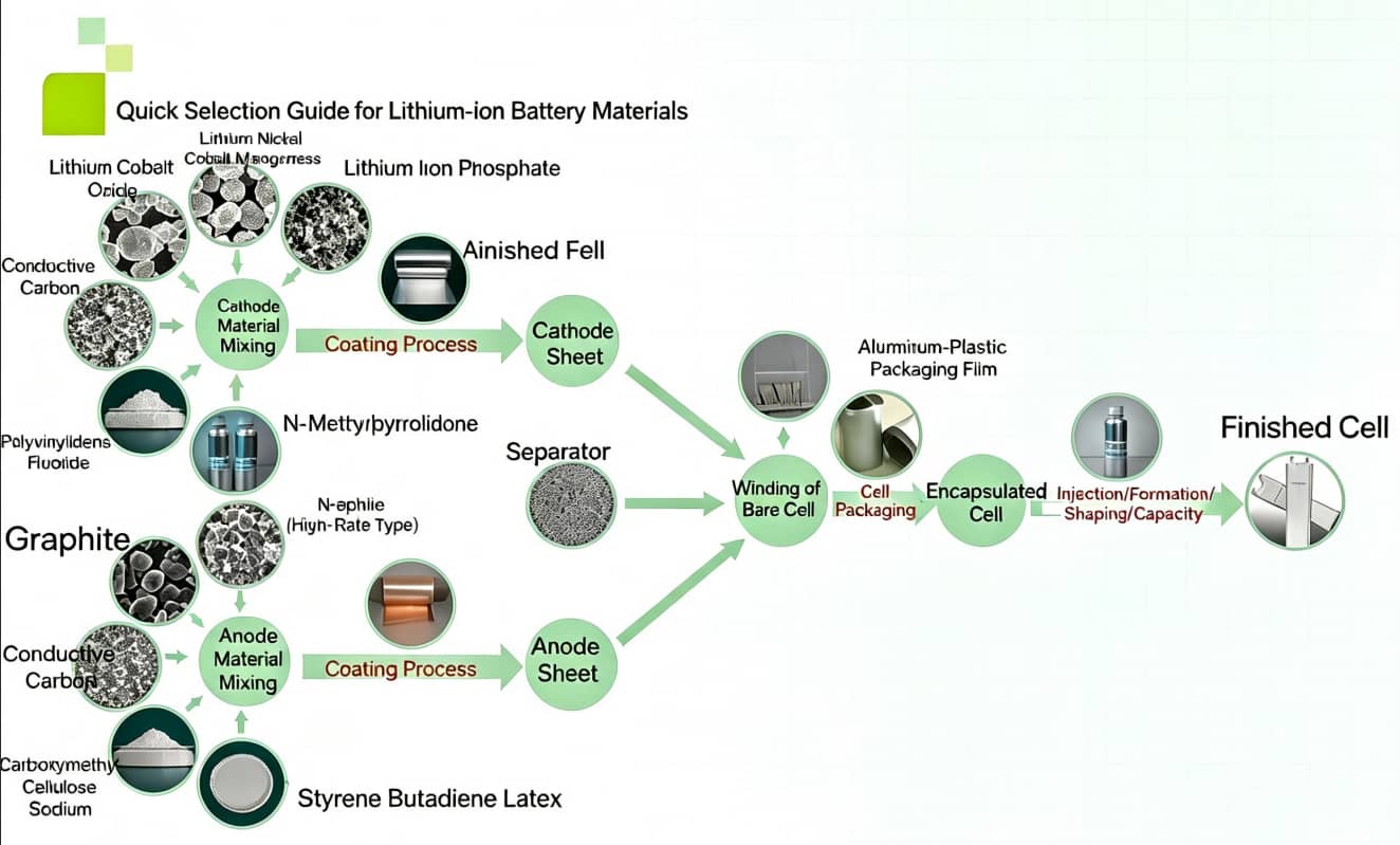 Complete lithium-ion battery pouch cell manufacturing process flow from slurry mixing, electrode coating, assembly and formation to finished cell warehousing.