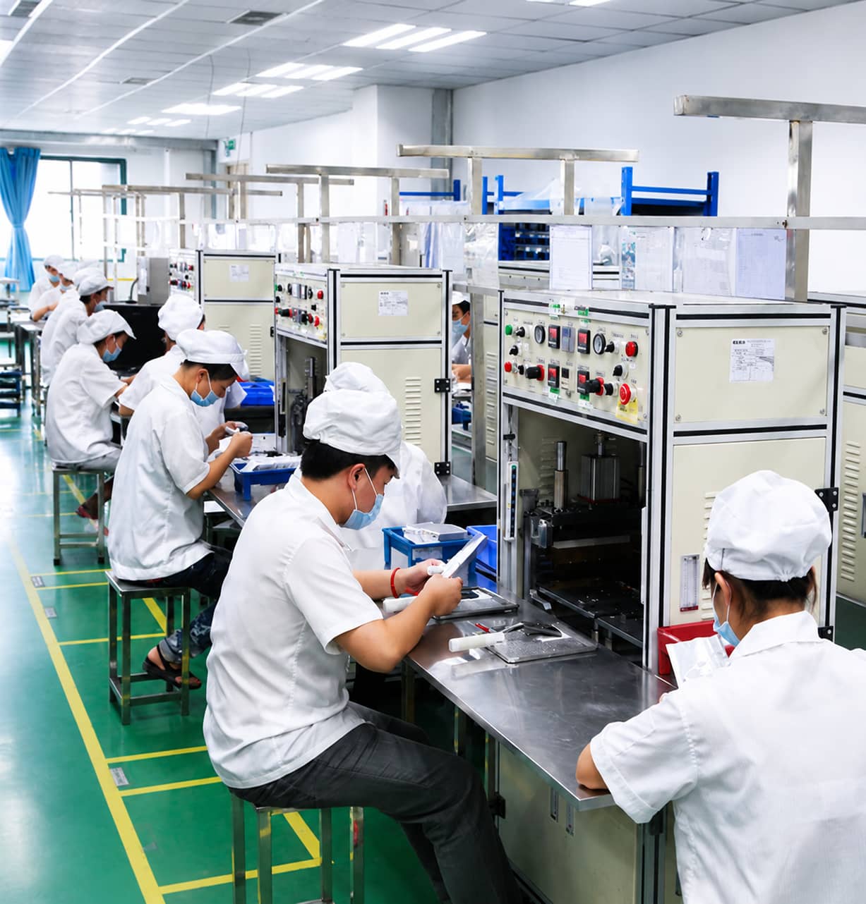 Multi-stage pouch cell thermal sealing process showing top sealing, side sealing and corner pre-sealing to fuse aluminum laminate PP layers and prevent electrolyte leakage.