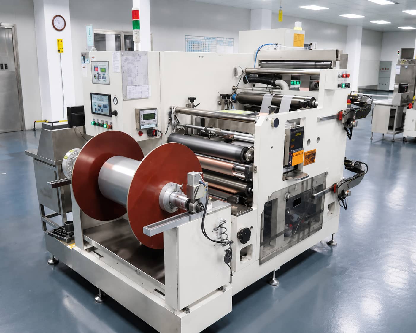 Automatic electrode slitting machine for lithium-ion batteries, cutting large calendered electrode rolls into narrow rolls for subsequent cell winding processes.