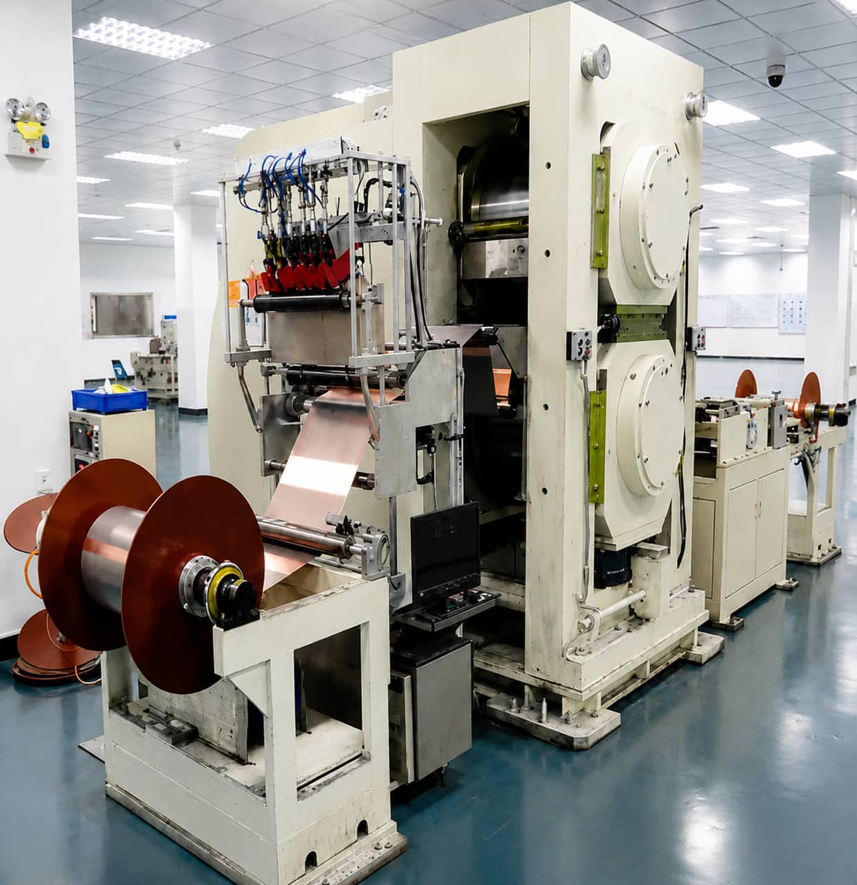Lithium-ion battery electrode calendering machine compressing coated electrodes to control compact density, porosity and energy density during battery manufacturing.