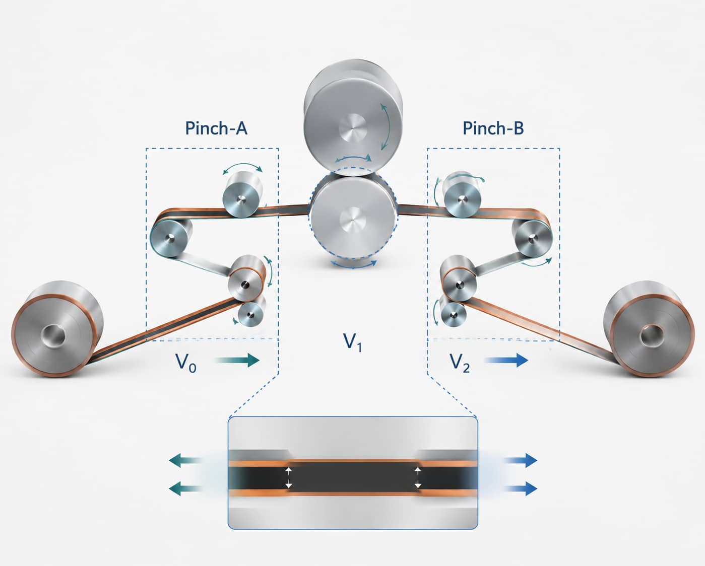 Pinch-roll differential tension control system for lithium-ion battery electrode calendering, using front and rear pinch rolls to compensate bare foil elongation and reduce electrode wrinkles.