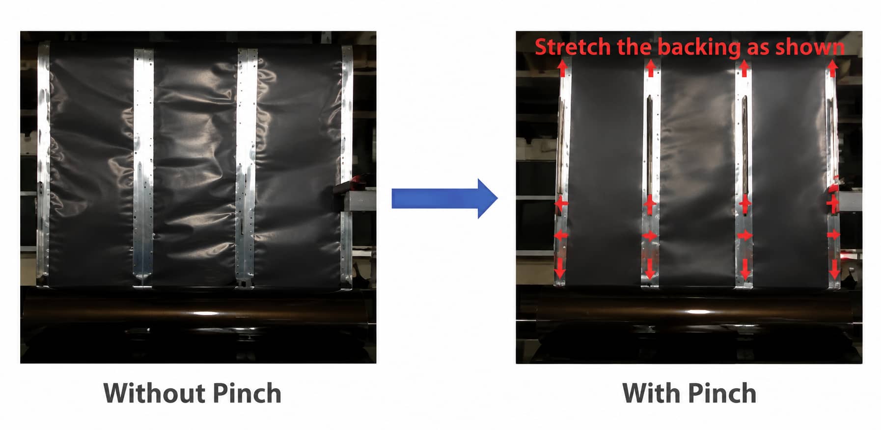 Comparison of lithium-ion battery electrode calendering with and without Pinch differential tension technology, showing bare foil stretching control and wrinkle reduction.