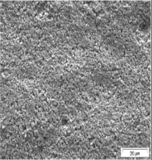 SEM image of ceramic particle coating uniformly distributed on a PET fiber substrate for a composite lithium-ion battery separator.