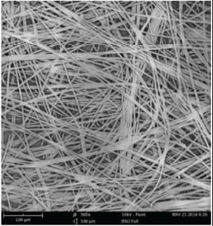 Low-magnification SEM image of a PET fiber substrate showing the interconnected nonwoven network used in composite battery separators.