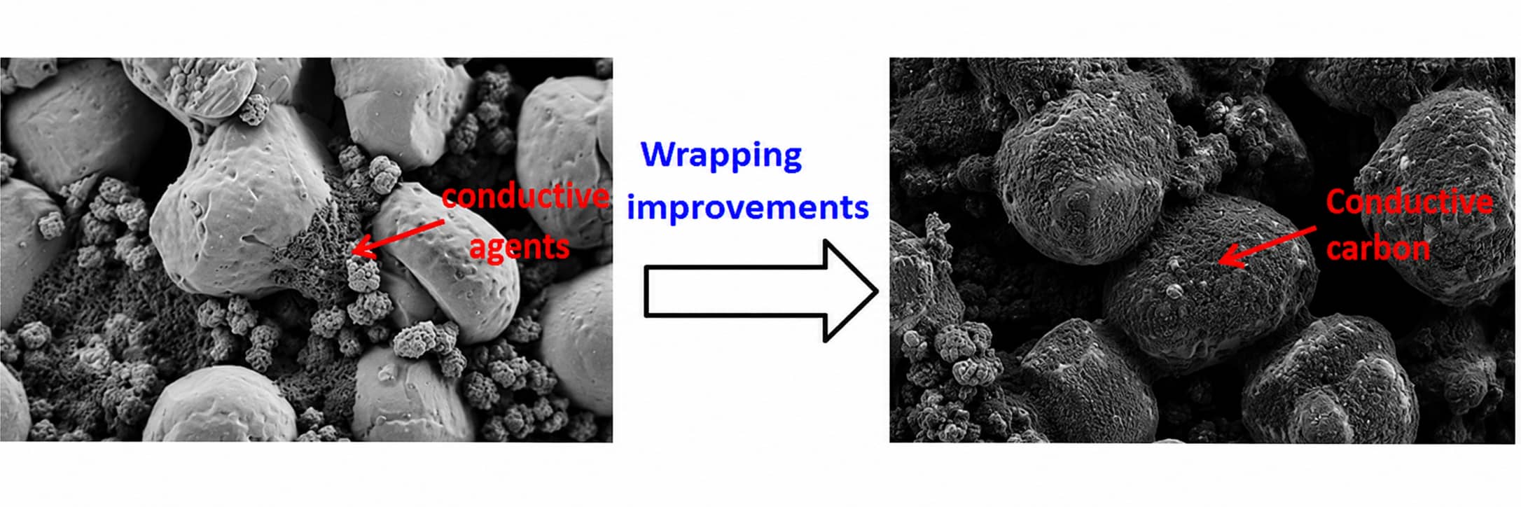 SEM comparison of electrode particles before and after conductive carbon wrapping, showing conductive agents forming a more uniform carbon coating on the particle surface.