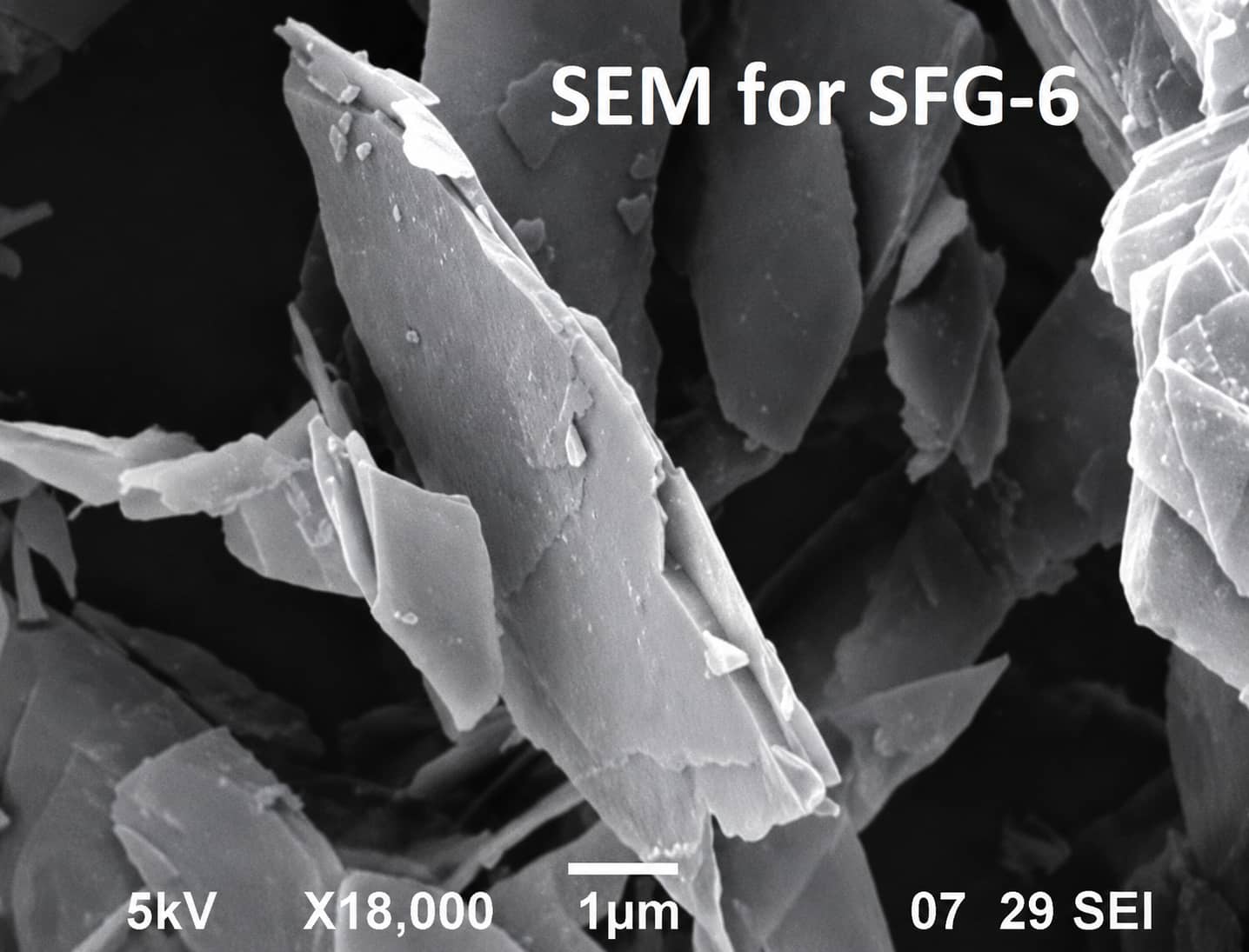 SEM image of SFG Series thin highly graphitized flake graphite matched with spherical graphite anode particles to improve electrode packing density and first-cycle coulombic efficiency.