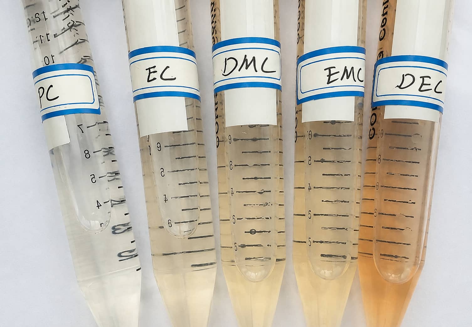 LiPF6 electrolyte solvent aging test comparing discoloration of DEC, EMC, DMC, EC and PC, with observed color severity ranked DEC highest followed by EMC, while DMC, EC and PC show less discoloration.