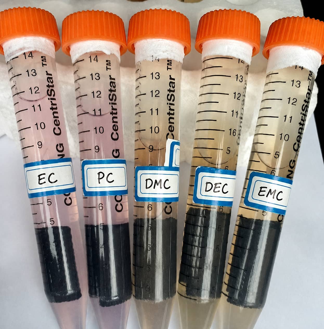 4.4V high-voltage LCO aging test using electrolyte with 12% LiPF6 at 60°C for 8 days, showing pink discoloration that may be associated with cobalt-containing species.