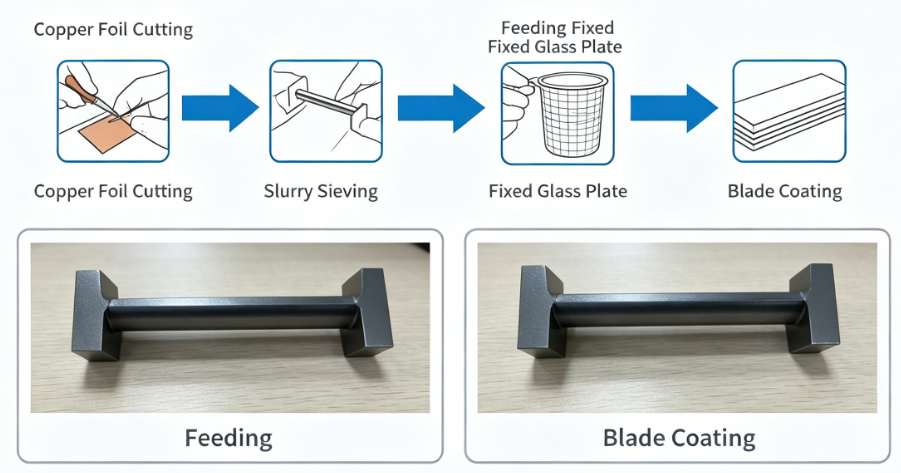 Non‑Adjustable Manual Blade Coater physical photo and working flowchart for lithium‑ion battery electrode preparation, lab slurry blade‑coating steps including feeding and blade‑coating for battery research