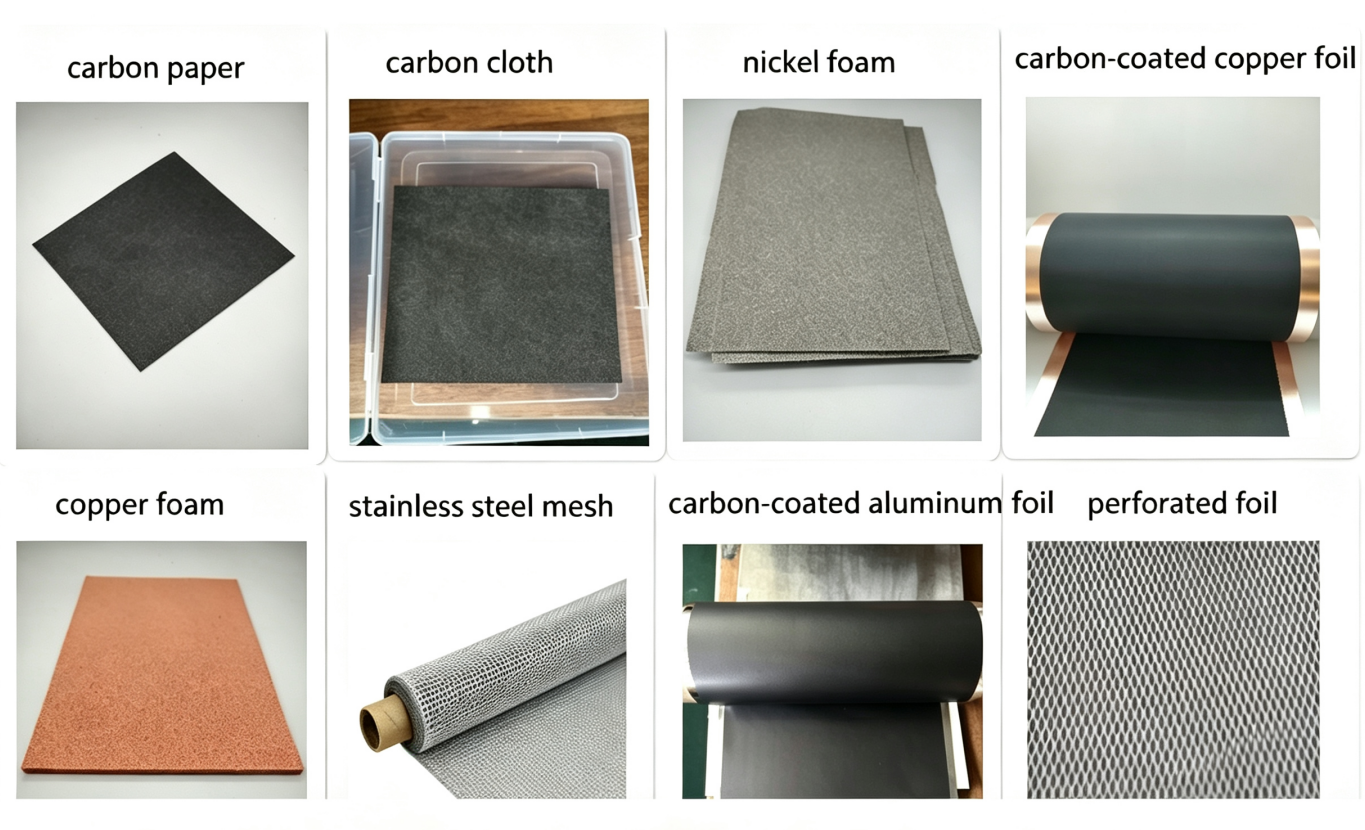 Photo of various lab‑scale current‑collector materials, including carbon paper, nickel foam, copper‑foam, carbon‑coated foil for lithium‑ion‑battery and supercapacitor electrode research.