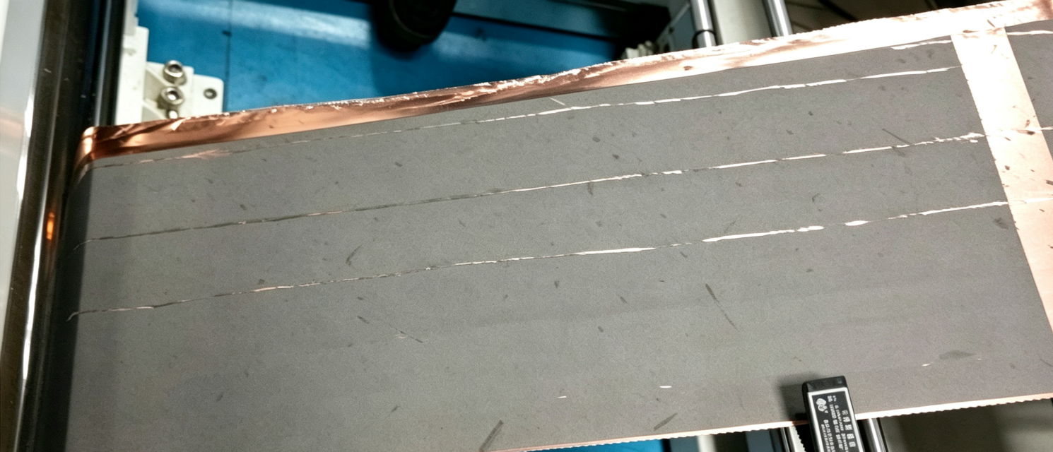 Electrode cracking phenomenon, dense micro‑cracks appear on graphite anode surface after drying before battery electrode calendering process