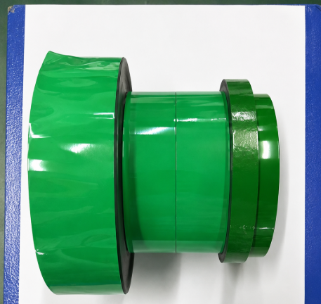Green high-temperature insulating tape used in lithium battery manufacturing to insulate electrode edges, cover exposed current collector foil, and prevent separator damage during winding.