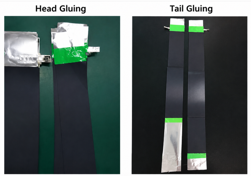 Comparison of head gluing and tail gluing positions on lithium battery electrodes, illustrating green insulating tape placement for tab weld insulation and electrode edge protection before winding.