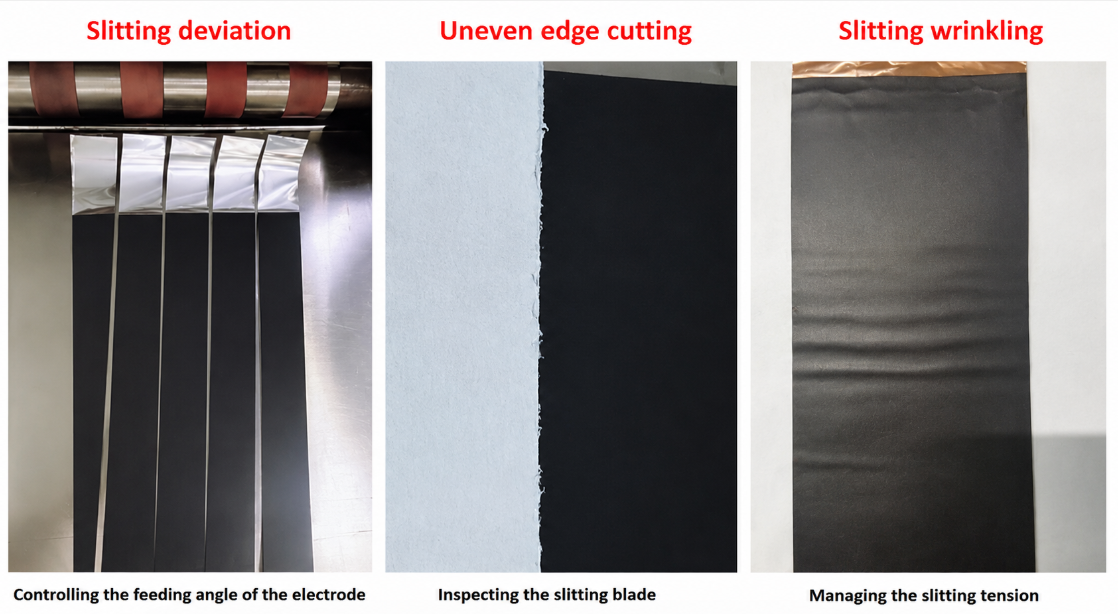 Common lithium battery electrode slitting defects, including slitting deviation, uneven edge cutting, and slitting wrinkling, caused by improper feeding angle, worn slitting blades, and incorrect slitting tension.