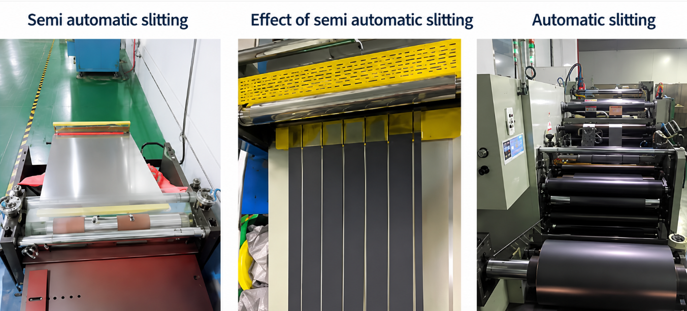 Comparison of semi-automatic and automatic electrode slitting machines used in the lithium battery electrode slitting process, showing finished slit electrode rolls with precise width and burr control.