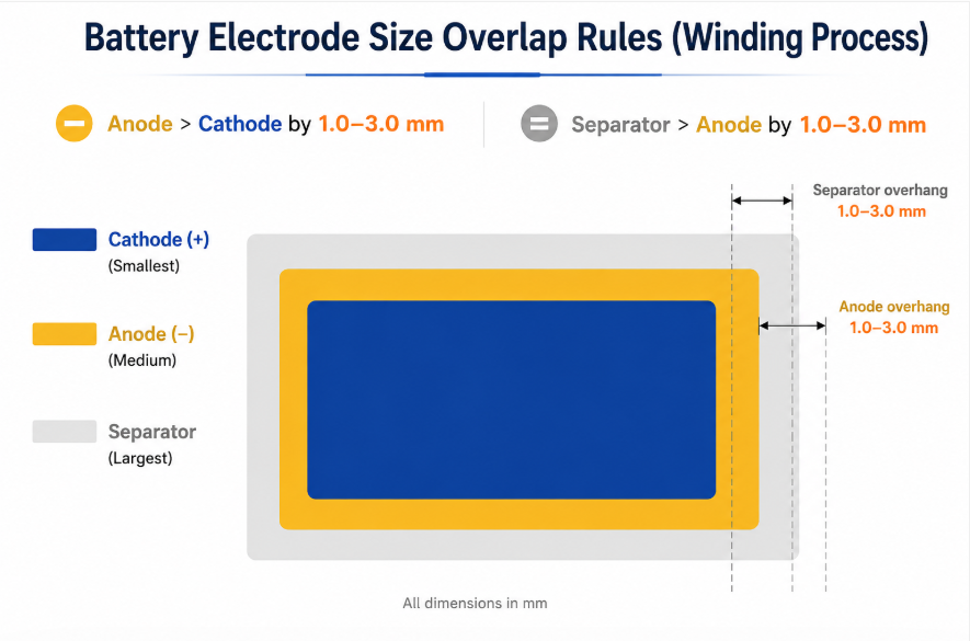 Lithium battery electrode overlap rules in the winding process showing anode and separator overhang of 1.0–3.0 mm beyond the cathode to prevent internal short circuits.