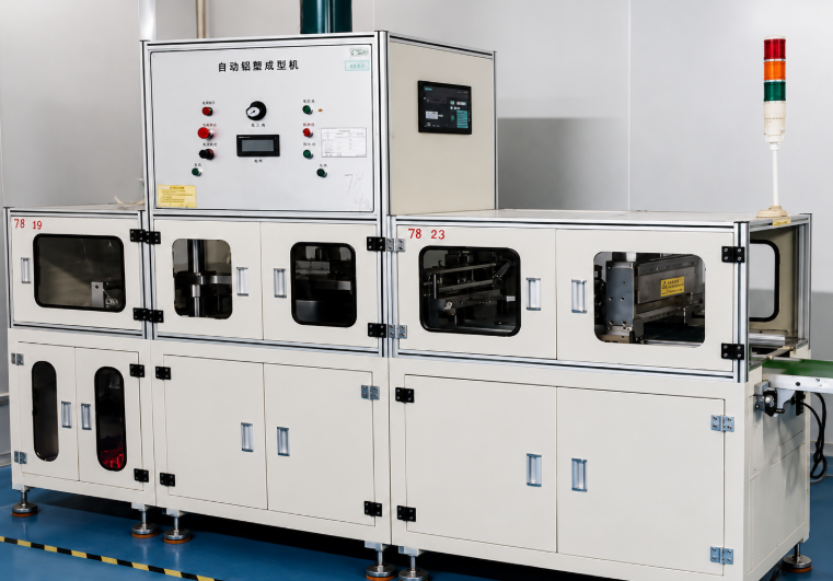 Automatic aluminum-plastic film punching and shell forming machine used for lithium-ion pouch cell packaging process.